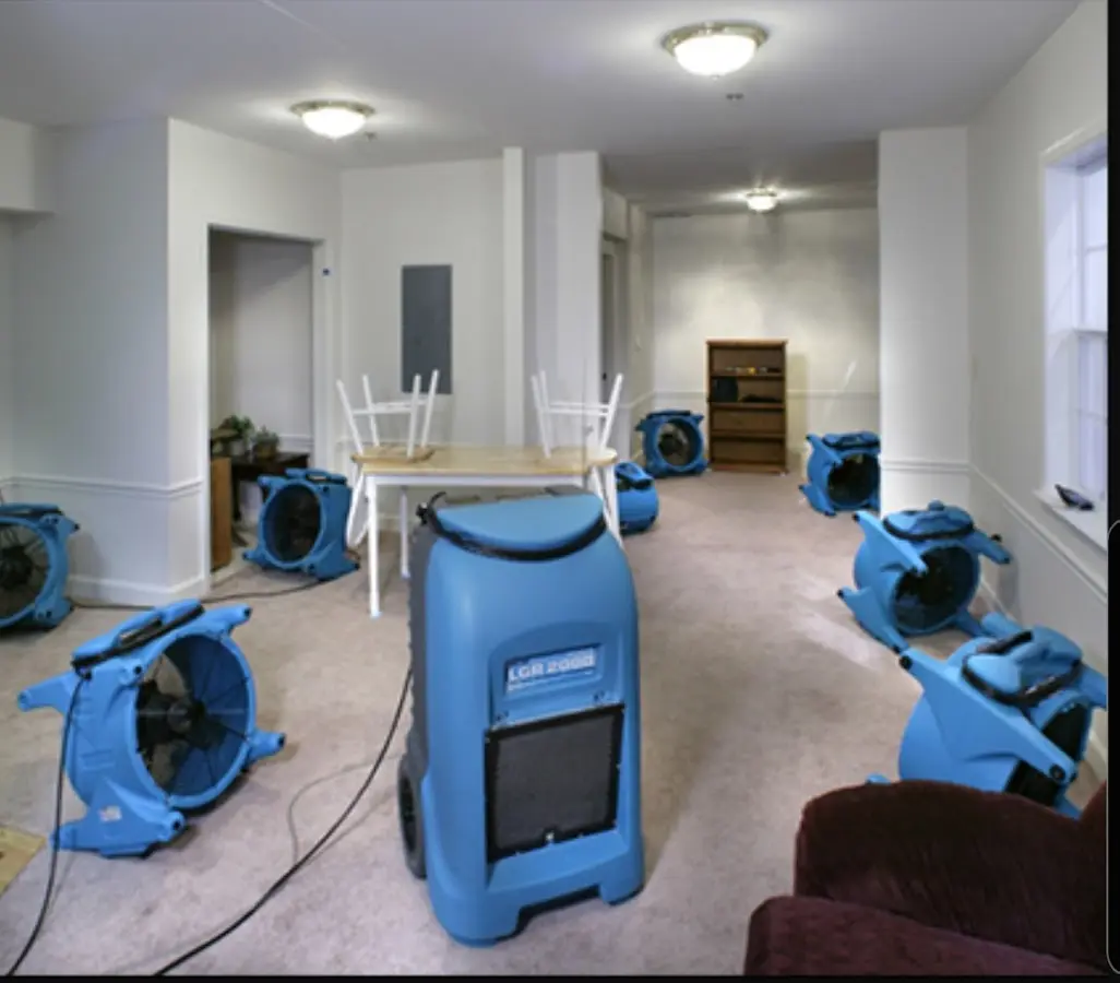Air movers and dehumidifier setup for Water Extraction & Removal in Groves