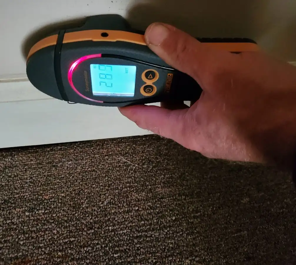 Moisture detection at baseboard during Burst Pipe Cleanup in Groves